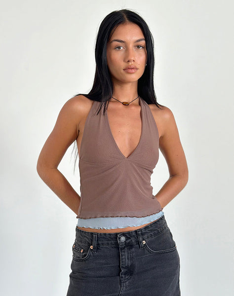 Image of Kubra Halter Top in Mesh Brown and Light Blue