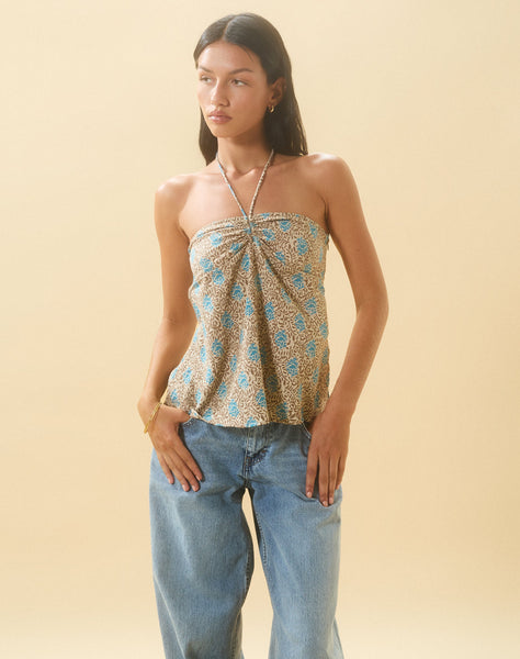 image of Laeri Halterneck Top in Bohemian Batik Blue Brown