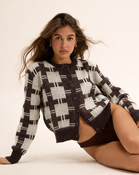 Anzio Cardigan in Black and Red Check Knit
