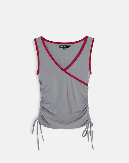 Laird Wrap Top in Ballet Pink with Navy Binding