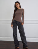 Image of Lakya Long Sleeve Top in Diagonal Stripe Flocked Brown and Cream