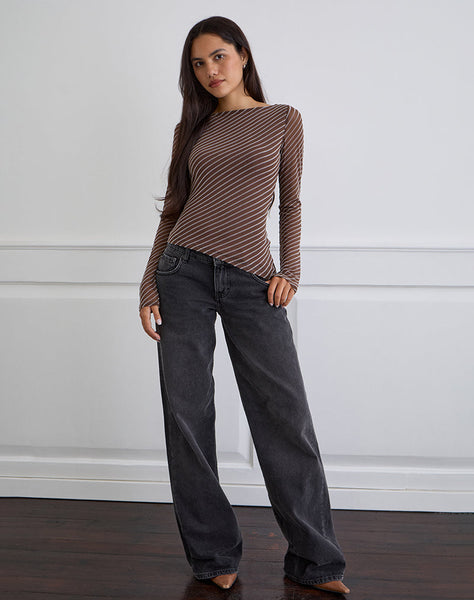 Image of Lakya Long Sleeve Top in Diagonal Stripe Flocked Brown and Cream
