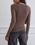 Image of Lakya Long Sleeve Top in Diagonal Stripe Flocked Brown and Cream
