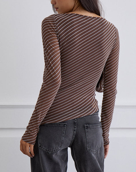 Image of Lakya Long Sleeve Top in Diagonal Stripe Flocked Brown and Cream