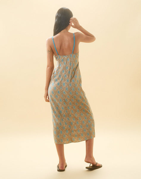 image of Lalu Midi Dress in Bohemian Batik Blue Brown