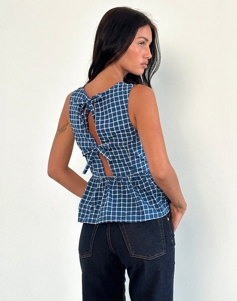 Image of Lanzo Tie Back Top in Poplin Navy Tartan