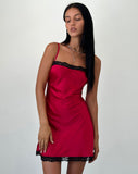 Image of Larna Satin Mini Dress in Red with Black Lace Trimming