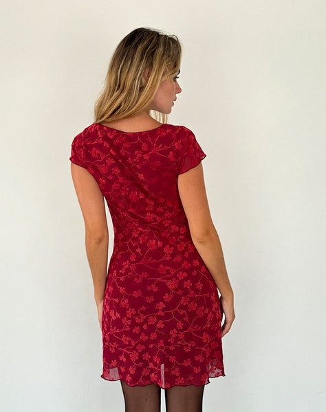 Image of Lashka Mini Dress in Red Grunge Floral Flock