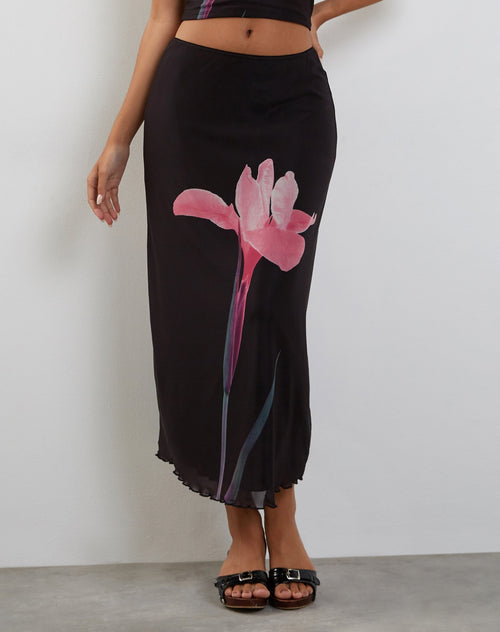 Image of Lassie Midi Skirt in Black with Pink Flower Placement