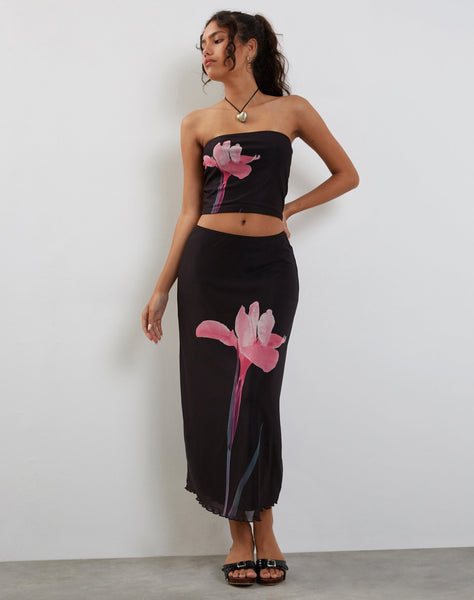 Image of Lassie Midi Skirt in Black with Pink Flower Placement