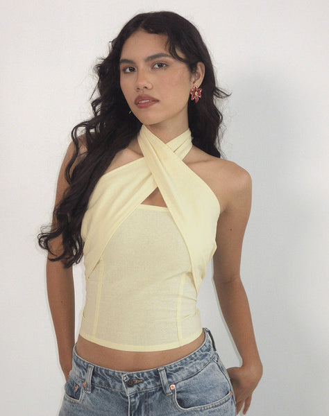 Image of Lasy Linen Wrap Halterneck Top in Lemon