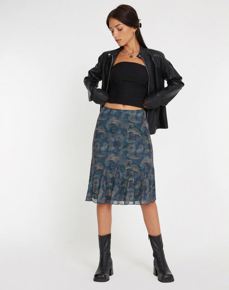 Cinta Low Rise Midi Skirt in Paisley Abstract Rustic