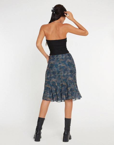 image of Latrix Mesh Midi Skirt in Tonal Blue Paisley