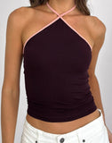 Image of Lay Halterneck Top in Redwood with Pink Lady Binding