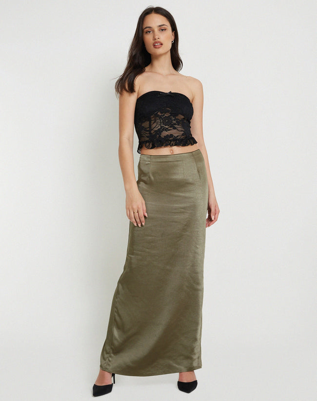 image of Layla Maxi Skirt in Satin Dark Olive