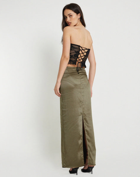 image of Layla Maxi Skirt in Satin Dark Olive