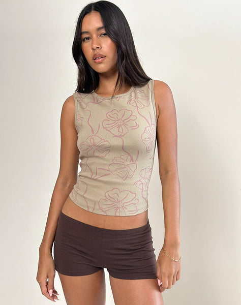 Image of Leen Tank Top in Khaki Hibiscus Doodle Pink