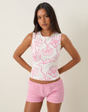 Image of Leen Tank Top in White with Pink Hibiscus Doodle Print