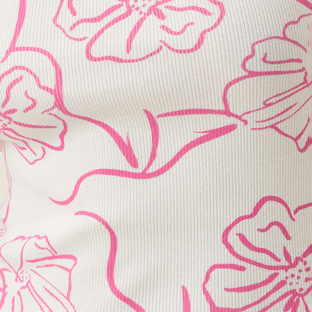 Leen Tank Top in White with Pink Hibiscus Doodle Print