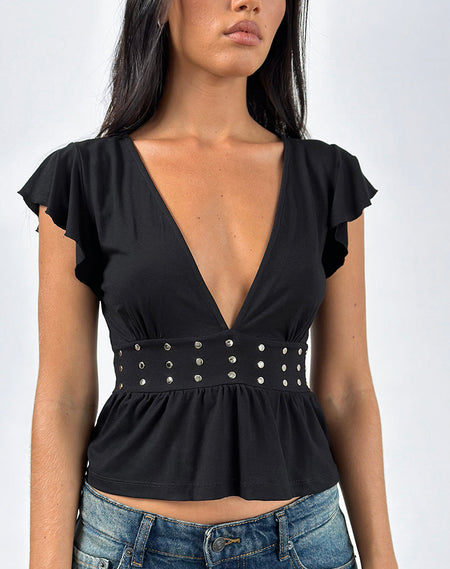 Ophay Top in Jersey Black with Studs