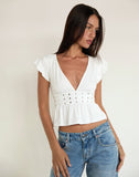 Image of Leisma Frill Top in Jersey White with Studs