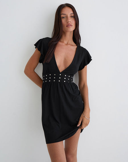 Kayla Square Neck Mini Dress in Linen Black