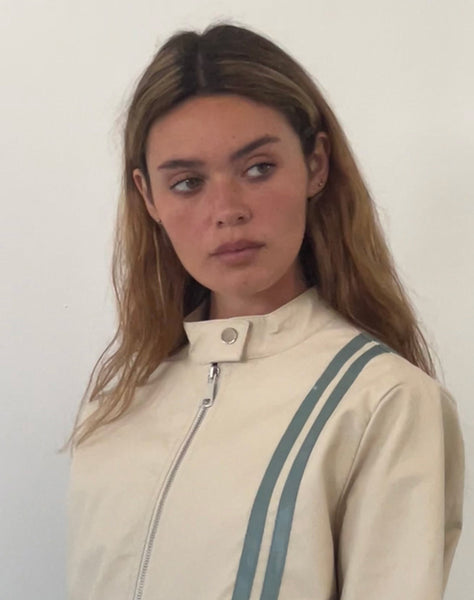 Image of Lewis Jacket in Cream PU with Blue Stripe