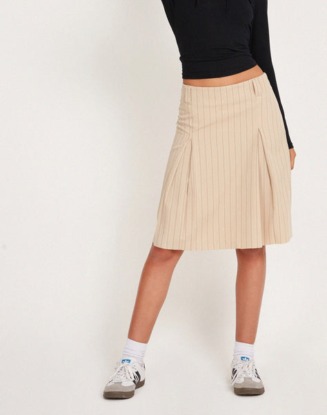 image of Lia Pleated Midi Skirt in Tailoring Tan Pinstripe