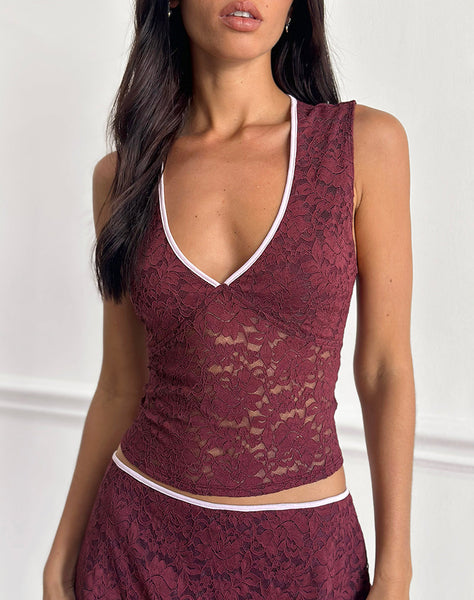 Image of Lihat Top in Lace Burgundy with Pink Binding