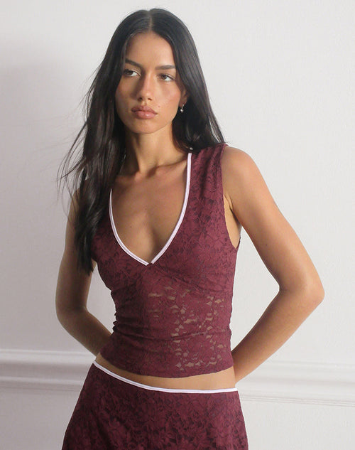 Image of Lihat Top in Lace Burgundy with Pink Binding
