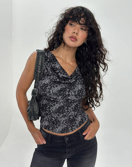 Lutana Bardot Long Sleeve Top in Midnight Floral Grey