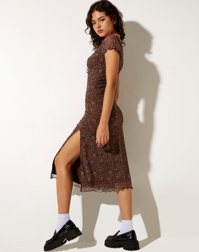 Image of Lona Midi Dress in Flower Garden Brown