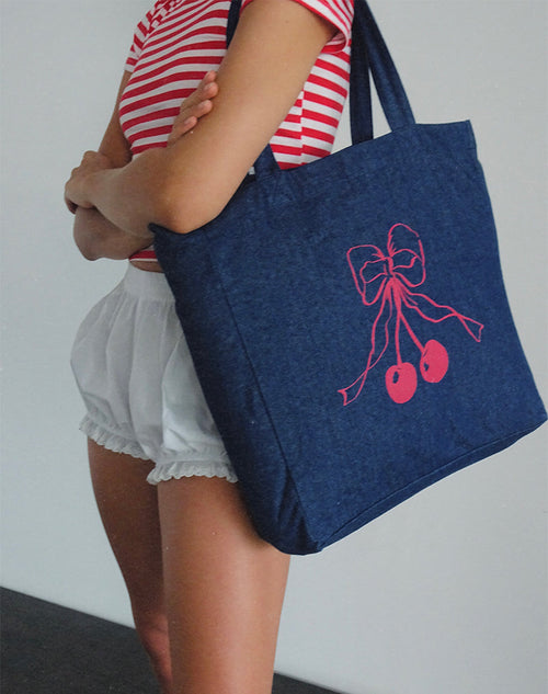 Image of London Tote Bag in Denim Indigo with Cherry Bow Print