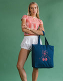 Image of London Tote Bag in Denim Indigo with Cherry Bow Print