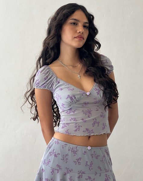 image of Lorenne Sweetheart Mesh Top in Purple Botanist Flock