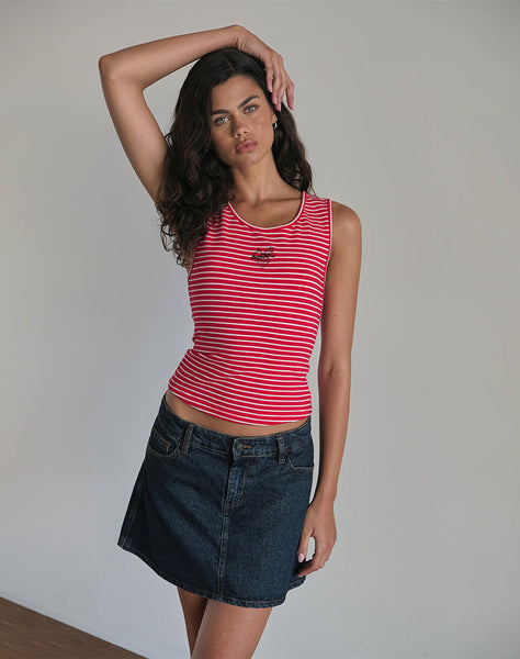 Image of Lorica Tank Top in Red and White Stripe with Strawberry Emb