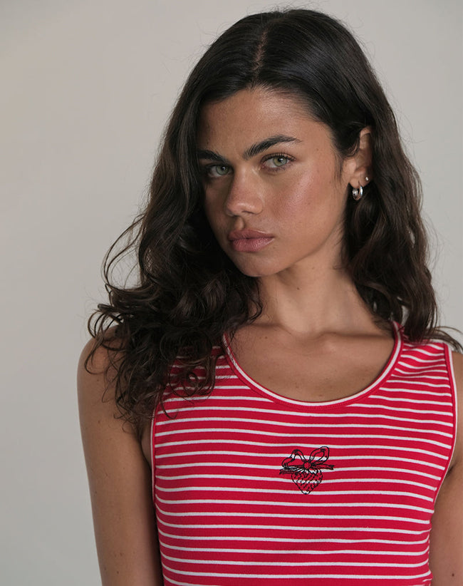 Image of Lorica Tank Top in Red and White Stripe with Strawberry Emb