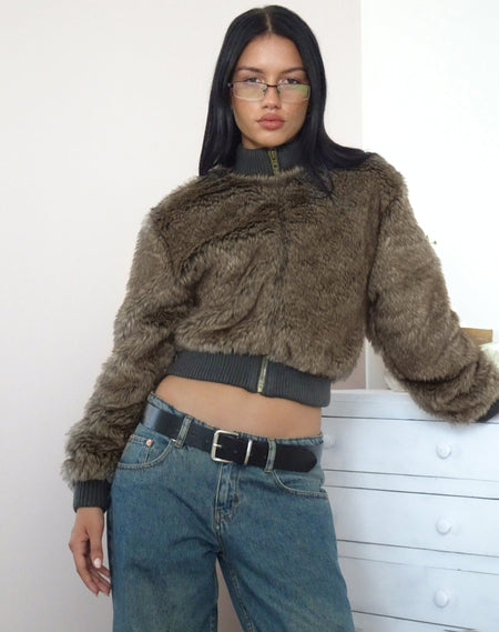 Joji Crop Faux Fur Jacket in Brown Leopard