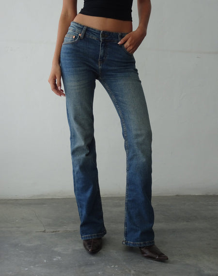 Rigid Low Rise Flare Jeans In Mid Blue Used