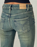 Image of Low Rise Flared Jeans in Green Wash