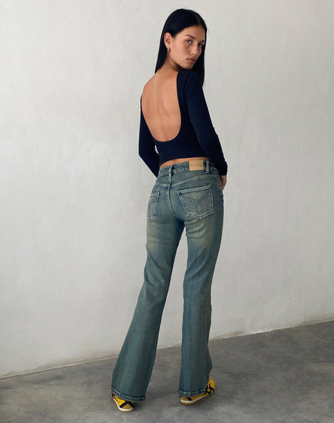 Image of Low Rise Flared Jeans in Green Wash