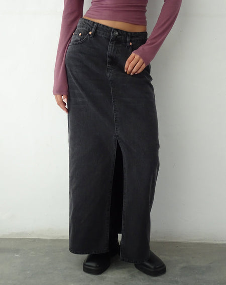 Low Rise Denim Maxi Skirt in Bleach Denim