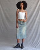 Image of Low Rise Denim Midi Skirt in Light Blue Sand