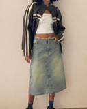 Image of Low Rise Denim Midi Skirt in Light Blue Sand