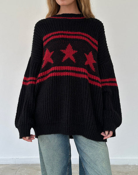 Image of Lulees Oversized Jumper in Black with Red Star and Stripes