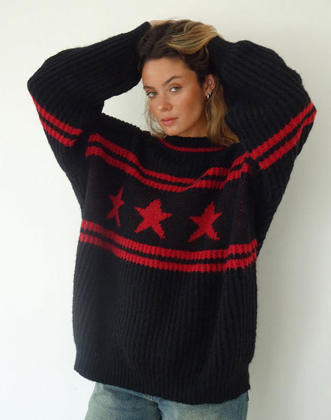 Image of Lulees Oversized Jumper in Black with Red Star and Stripes