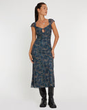 image of Lunama Mesh Midi Dress in Tonal Blue Paisley