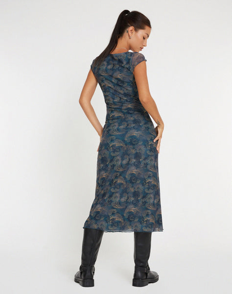 image of Lunama Mesh Midi Dress in Tonal Blue Paisley