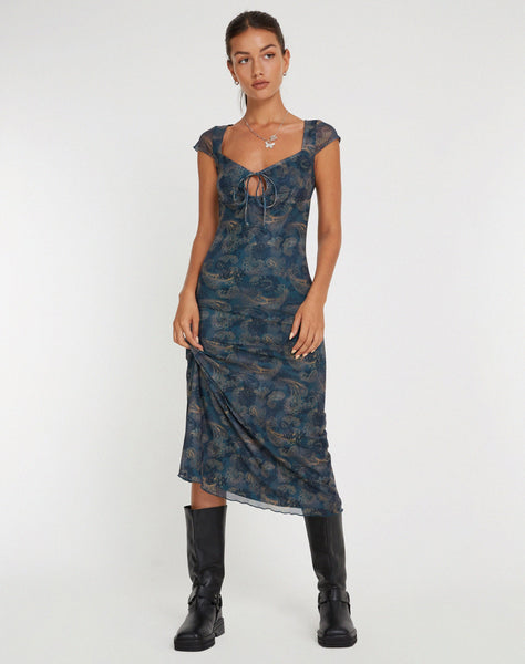 image of Lunama Mesh Midi Dress in Tonal Blue Paisley