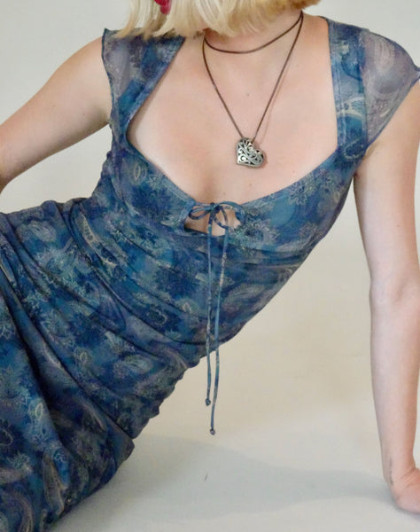 image of Lunama Mesh Midi Dress in Tonal Blue Paisley